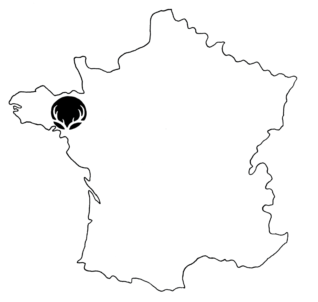 Dessin d'illustration de la carte de la France avec le logo de la marque Wenn Wood localisé en Bretagne