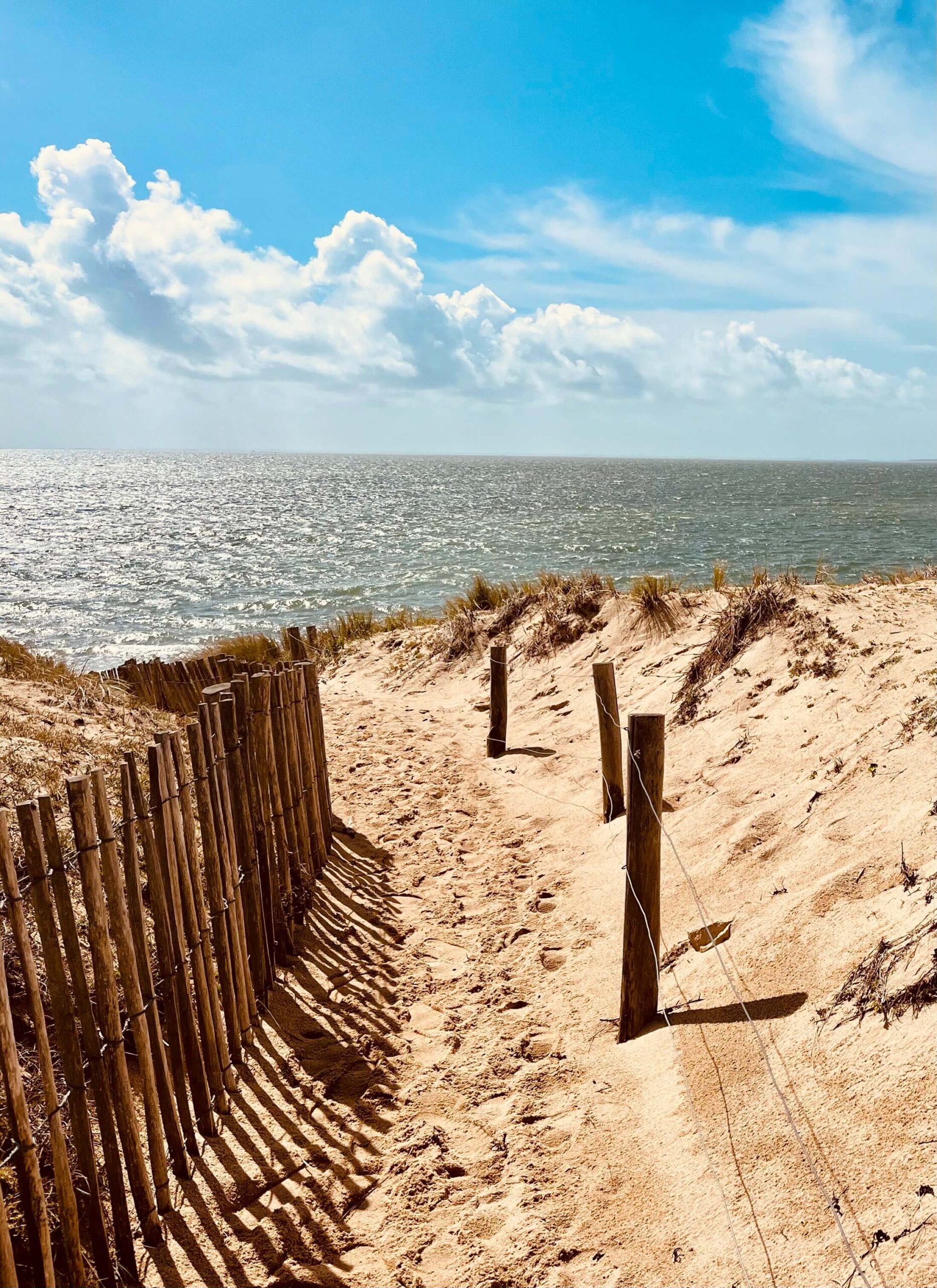 Sentier d'accès à une plage du Morbihan avec sable et ganivelles